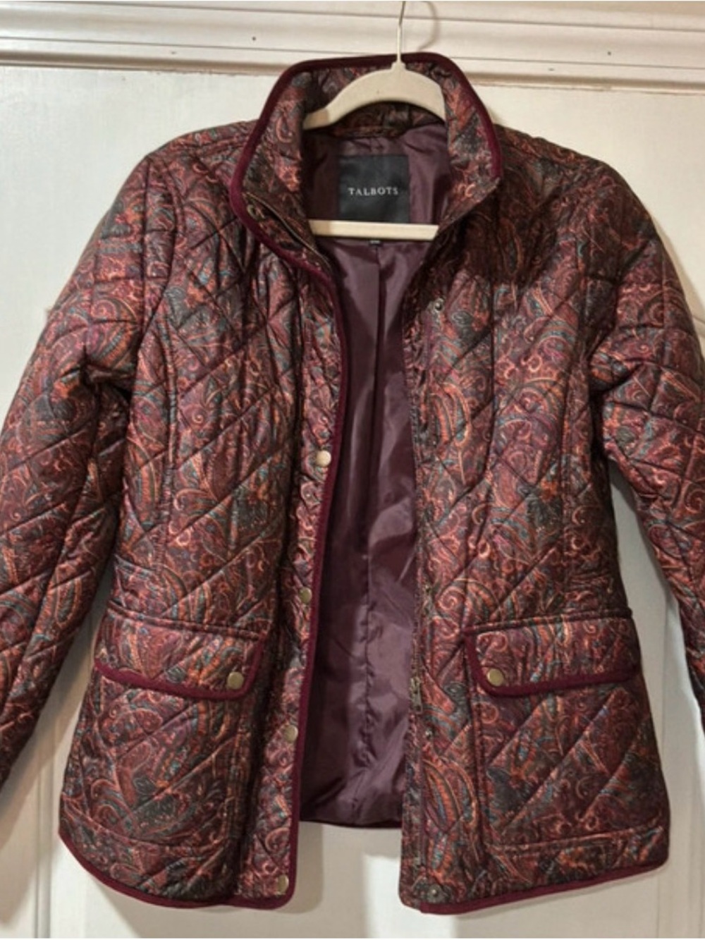 Talbots Quilted Paisley Puffer Jacket in Burgundy Multi